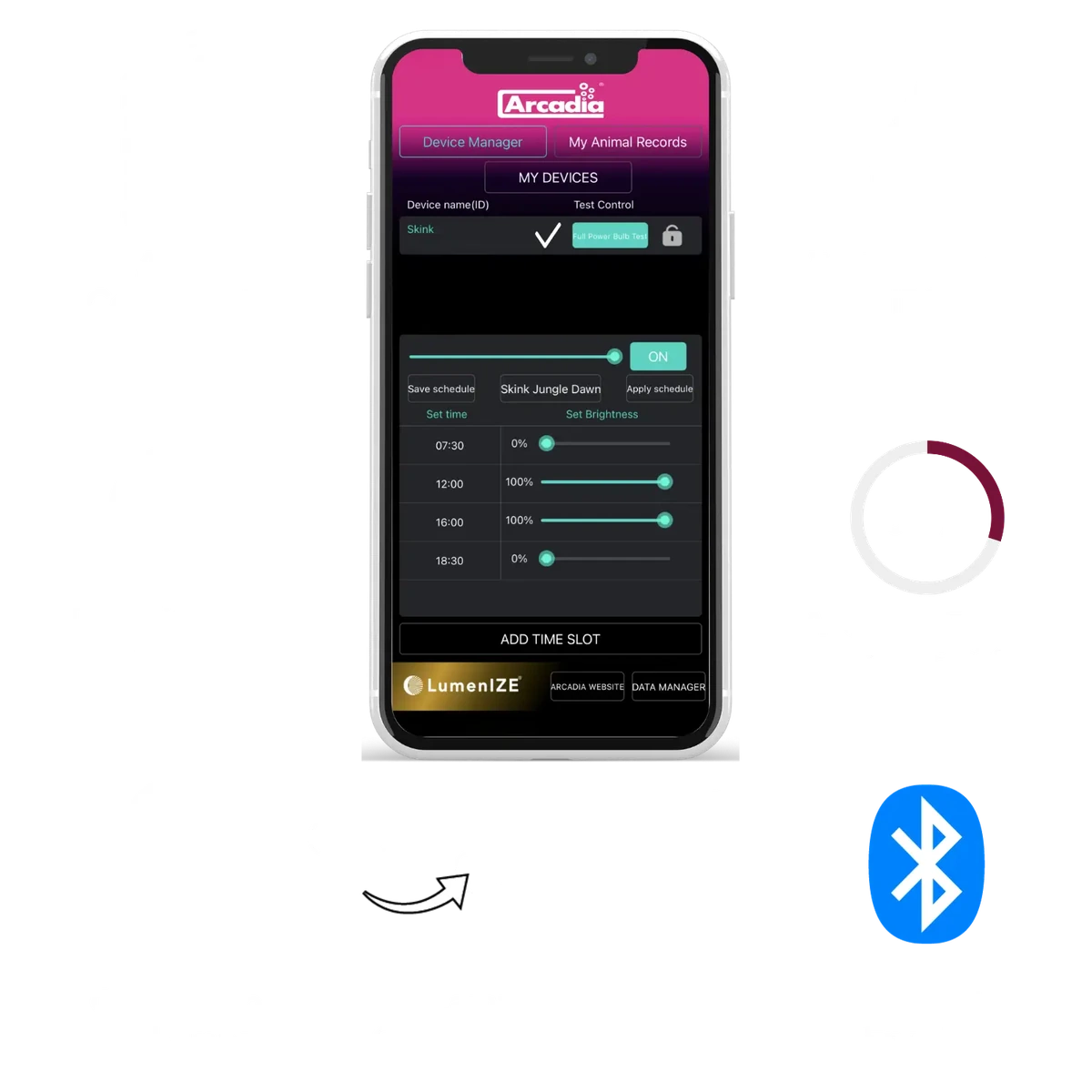 Arcadia LumenIZE app with programmable lighting times and Bluetooth control